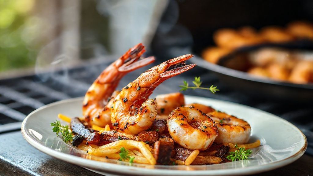 Espetos de camarão assado dourado servidos sobre tábua de madeira com limões e ervas frescas