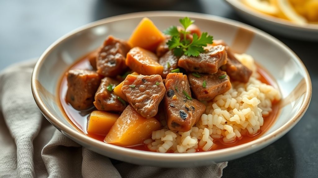 Ensopado de carne de porco macia com mandioca cremosa, servido em tigela rústica e decorado com cheiro-verde fresco