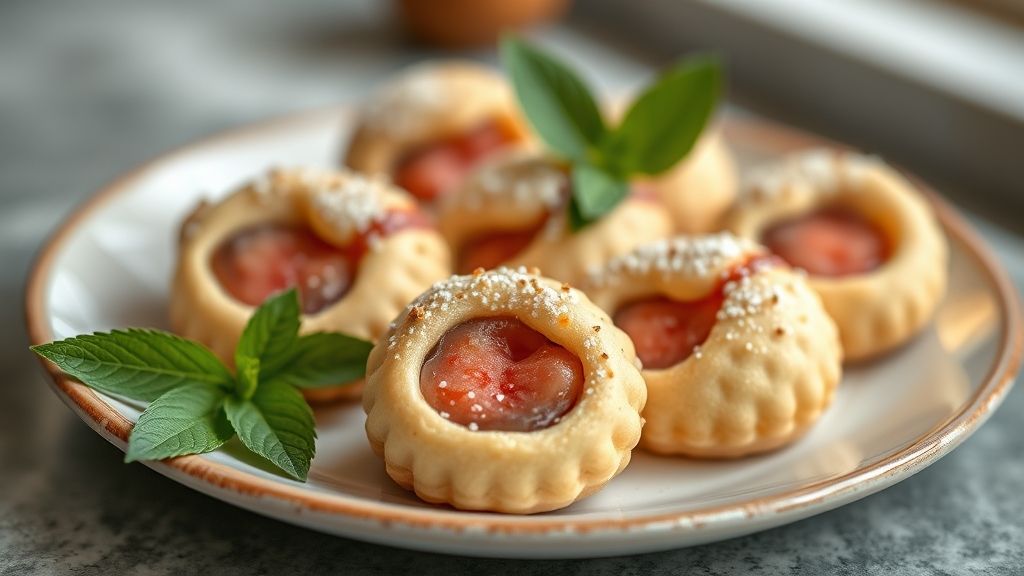 Casadinhos dourados e delicados, recheados com goiabada, dispostos em bandeja decorada