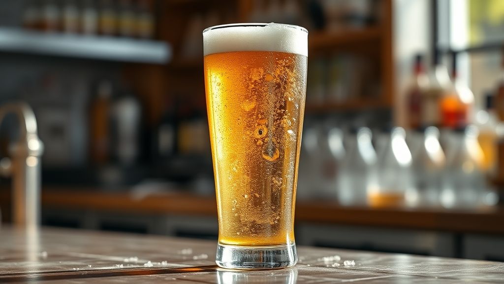 Copo de cerveja dourada bem gelada e espumando, servida após descongelamento correto