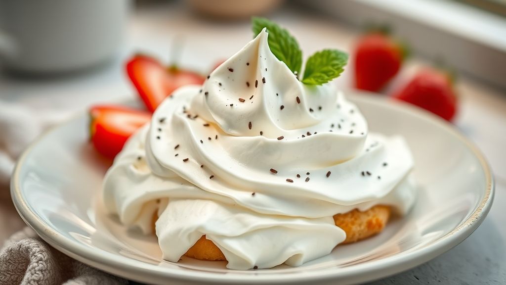 Tigela de chantilly caseiro batido, com textura cremosa e picos firmes, pronto para uso em sobremesas.