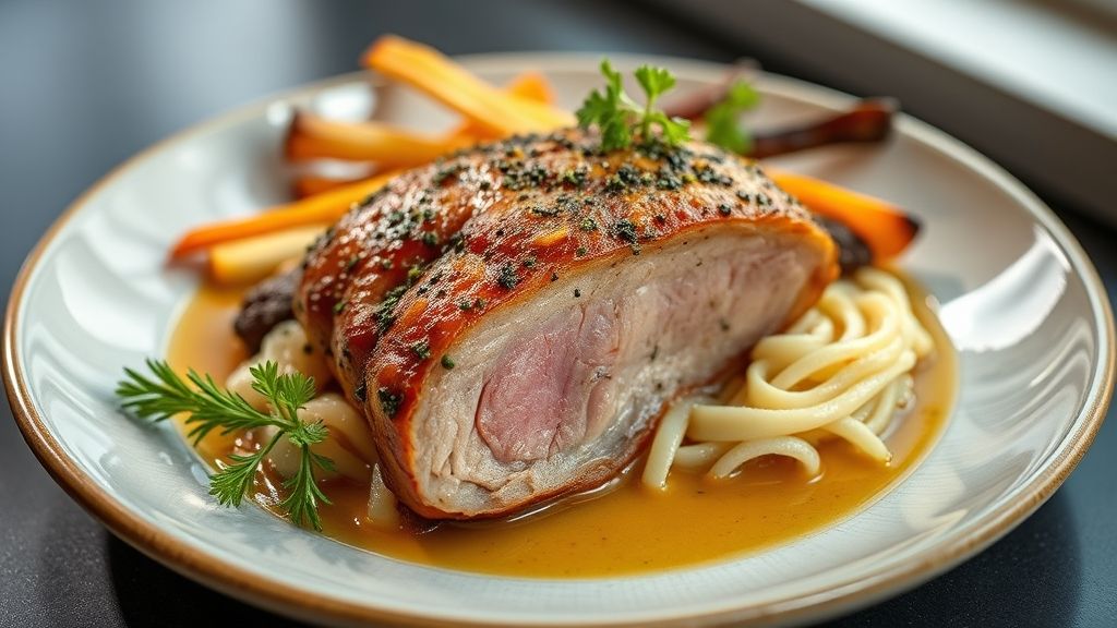 Chester dourado, crocante e suculento servido em travessa natalina com ervas e acompanhamentos clássicos.