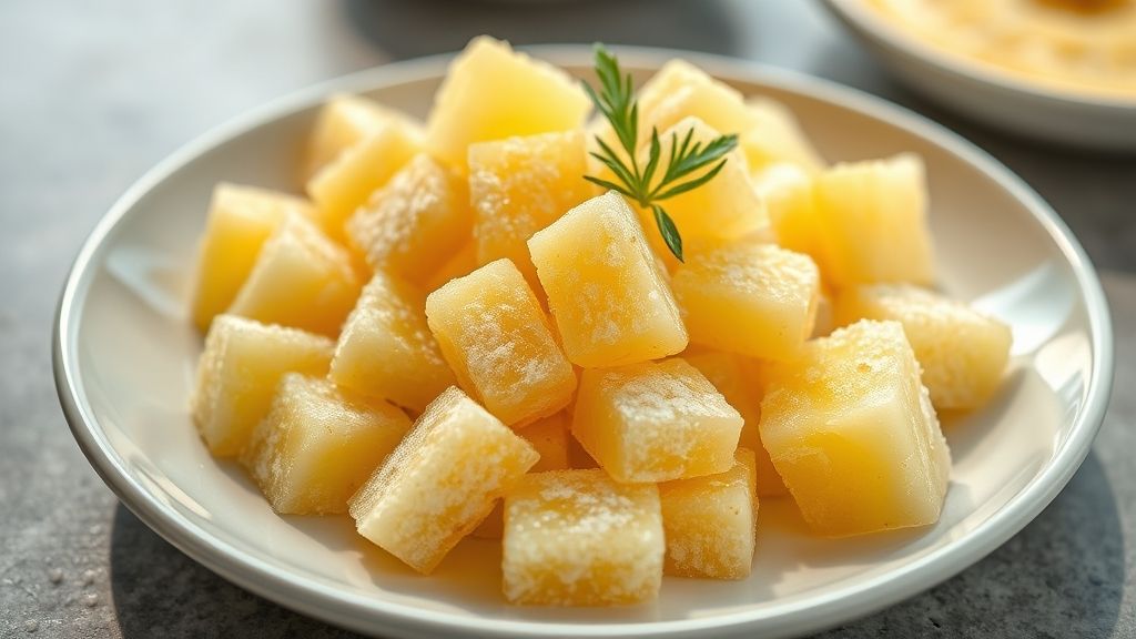 Pedaços de abacaxi congelados e organizados em potes herméticos, com aparência fresca e vibrante.