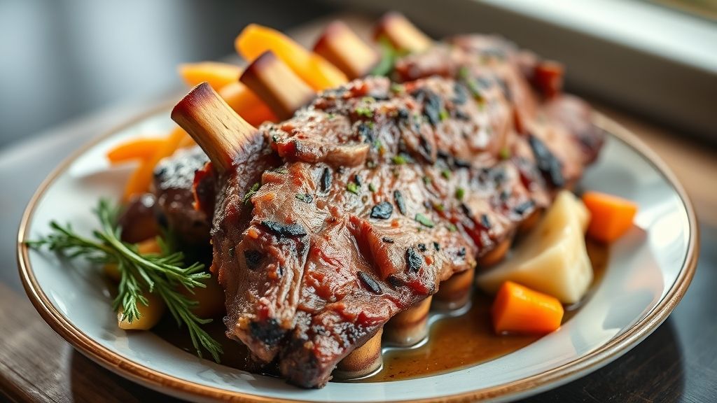 Costela assada no forno dourada, suculenta e com crosta crocante, servida com batatas e cenouras assadas