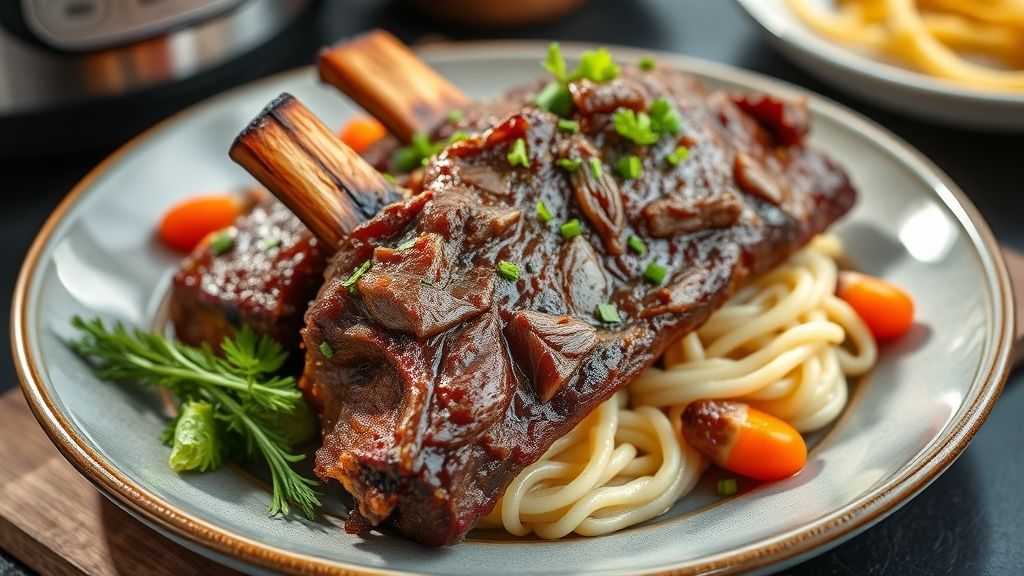 Costela gaúcha dourada, servida com molho espesso e acompanhada de mandioca e farofa, com aparência suculenta e apetitosa