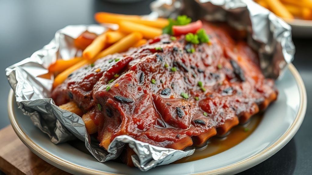 Costela dourada, suculenta e bem apresentada em prato de madeira, com ervas frescas e batatas douradas ao lado.