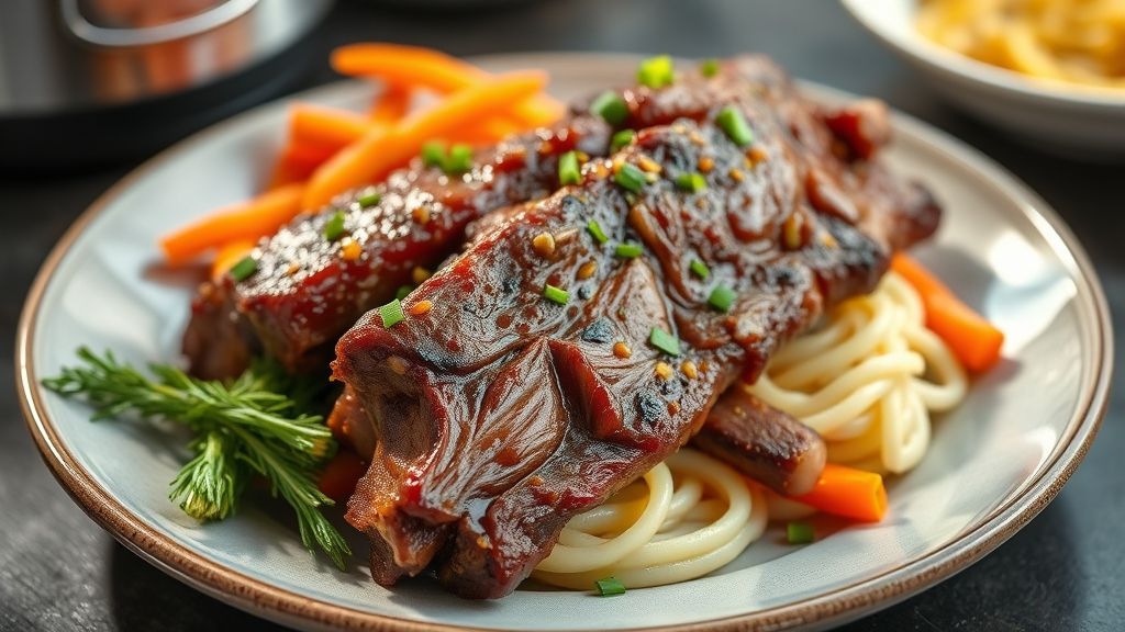 Costela bovina cozida na panela de pressão, macia e dourada, servida em prato rústico com molho espesso e cheiro-verde