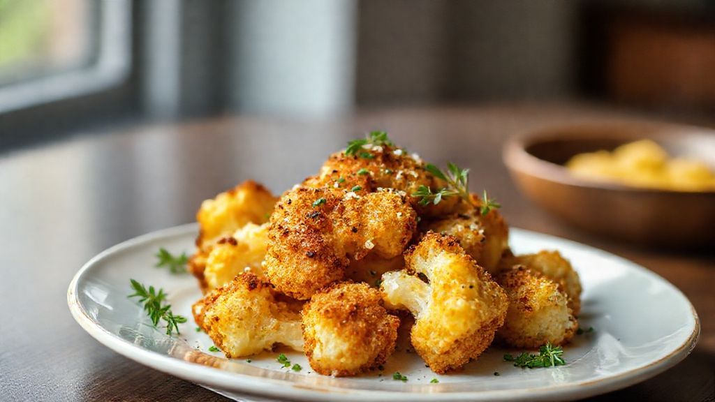 Couve-flor empanada dourada e crocante servida em prato branco com molho ao lado e ervas frescas.