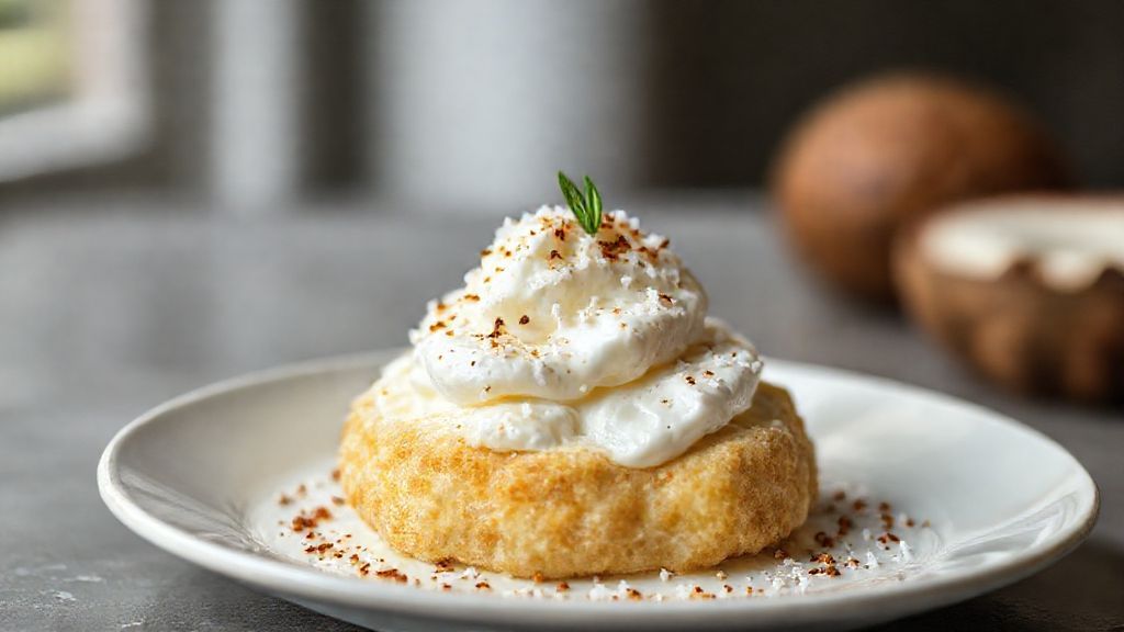 Sobremesa cremosa e gelada de coco em refratário de vidro, com cobertura dourada de coco tostado
