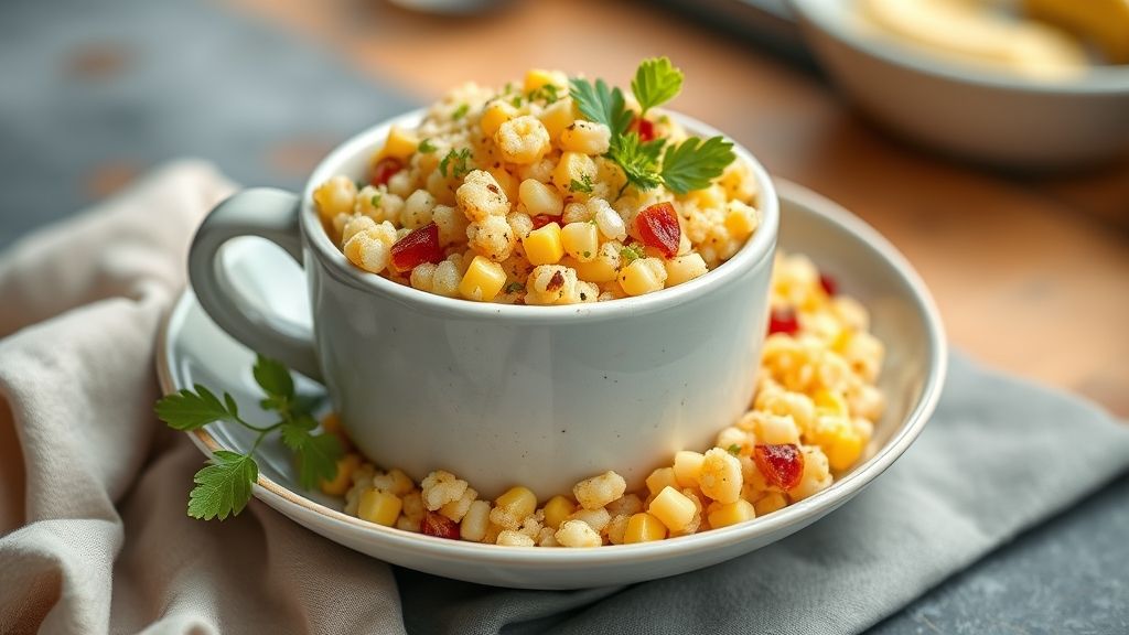 Cuscuz de xícara pronto, bem fofinho e dourado, servido em prato branco com manteiga derretida ao lado