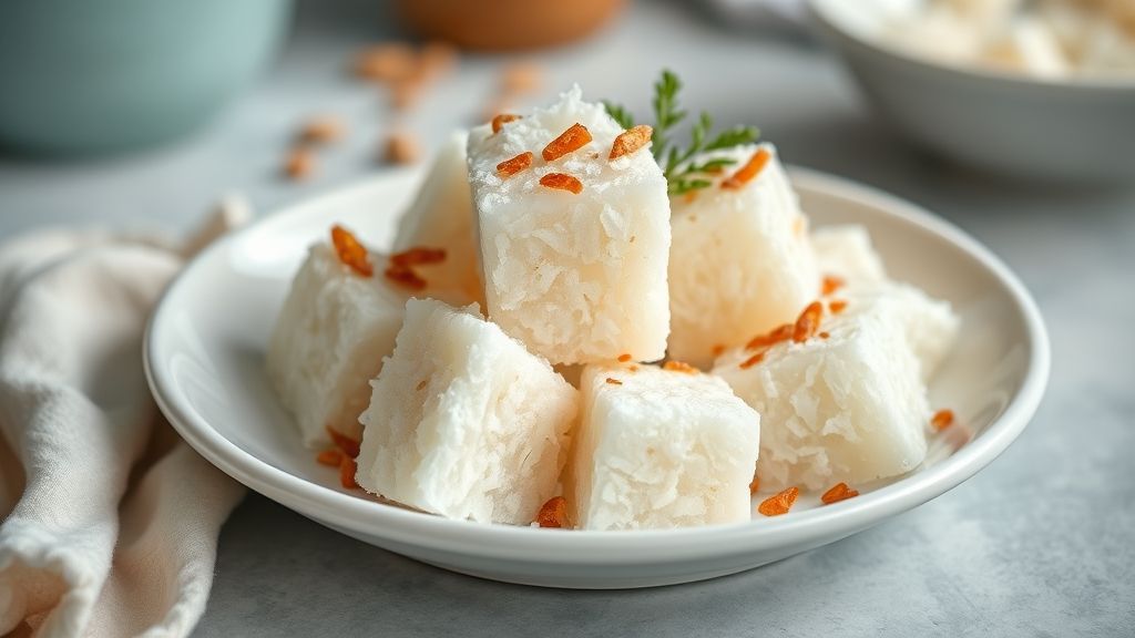 Prato com docinhos de coco no micro-ondas sem açúcar, bem decorados com cravo e polvilhados com coco ralado.