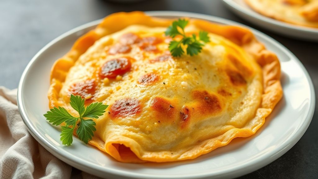 Empadão dourado e brilhante, recém-assado, com massa crocante e cobertura perfeita sem uso de ovo