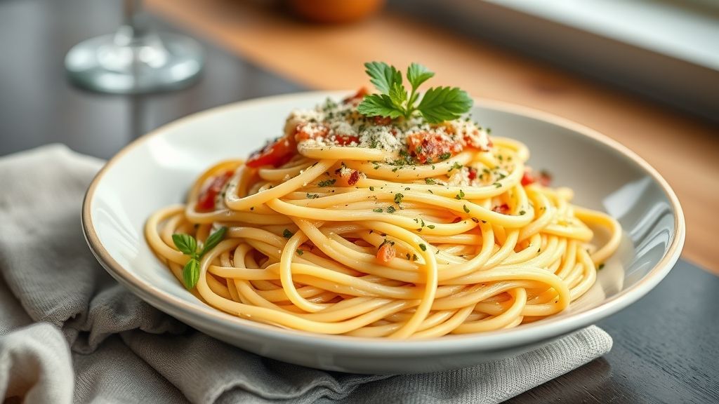 Prato de espaguete à carbonara cremoso, com bacon dourado, queijo ralado e pimenta moída na hora, servido em prato fundo.