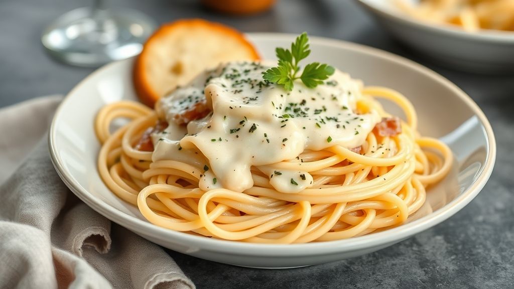 Prato de espaguete al dente envolvido em molho alfredo cremoso, servido fumegante e decorado com queijo parmesão.