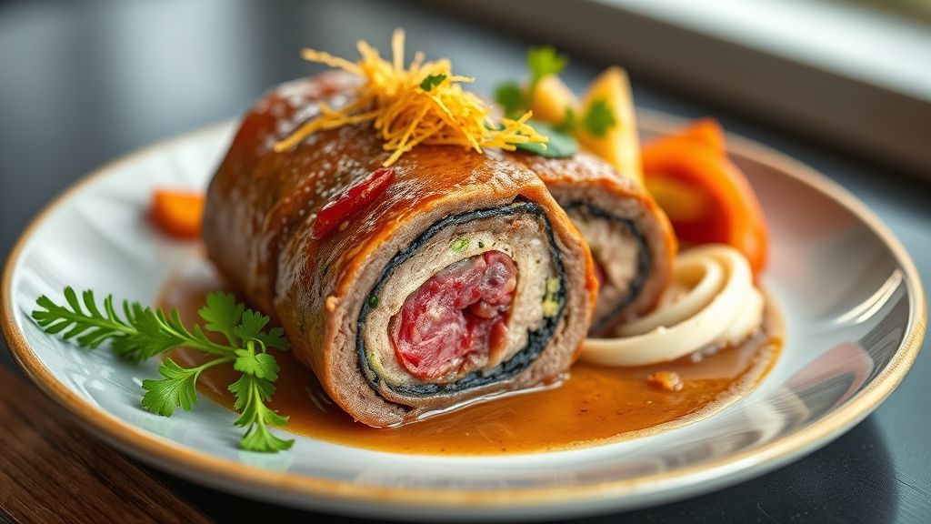 Falso lombo recheado dourado e suculento, fatiado sobre prato rústico, mostrando o recheio cremoso e apetitoso