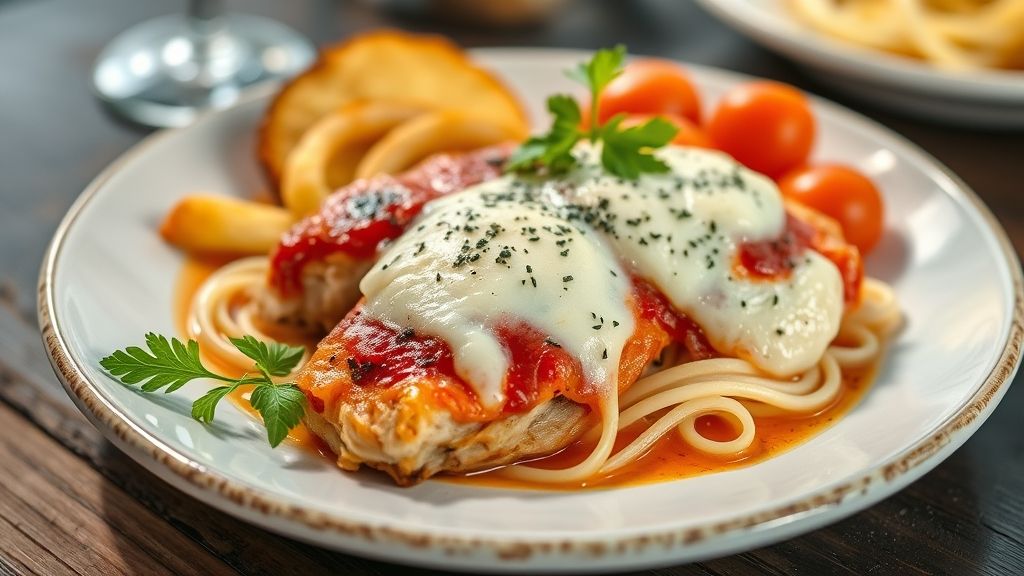 Prato de filé de frango à parmegiana dourado, com queijo derretido e molho de tomate, servido de forma apetitosa