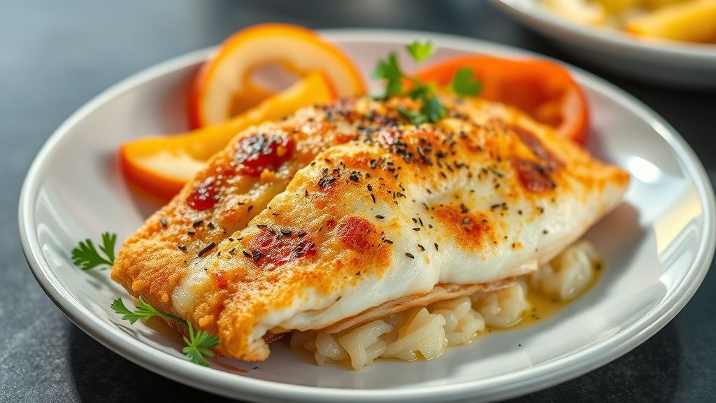 Prato de filé de tilápia frita crocante e dourada servido com limão e molho tártaro