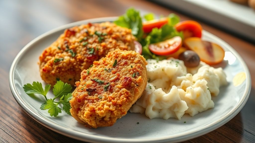 Prato com filé de frango empanado dourado, purê de batatas cremoso e salada colorida em fundo claro