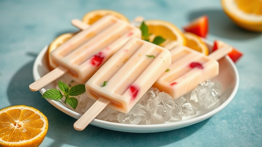 Geladinhos cremosos e coloridos, dispostos em uma bandeja de gelo, prontos para servir ou vender.