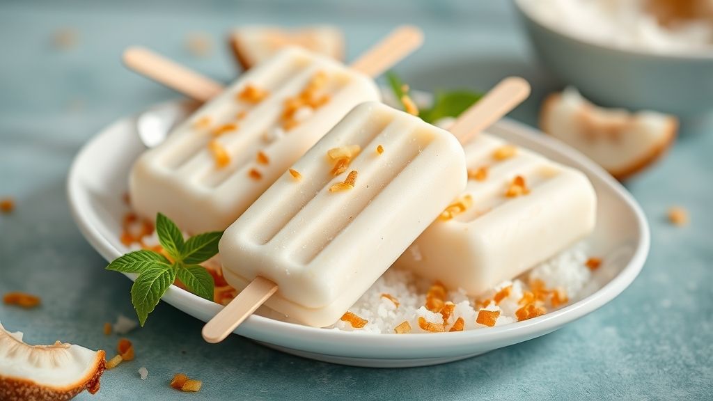 Geladinhos de beijinho embalados, dispostos sobre uma bandeja com gelo, destacando o brilho e cremosidade do leite condensado e coco