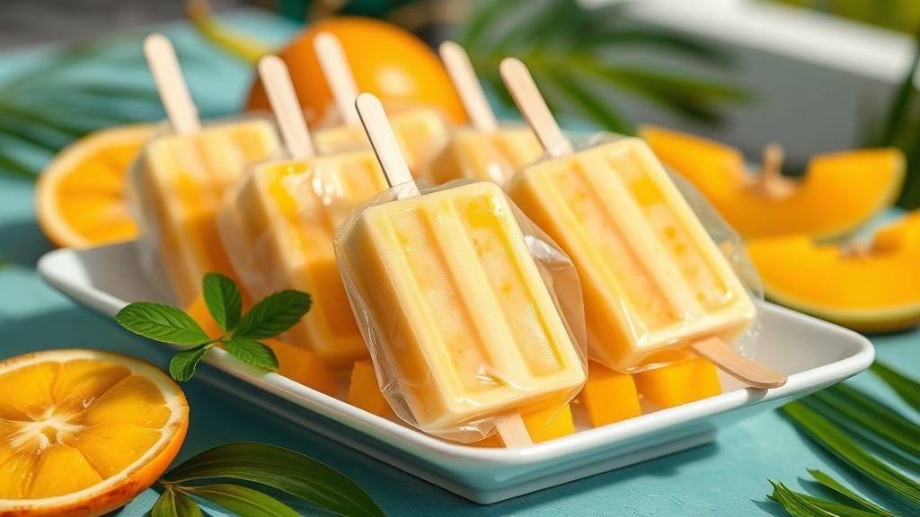 Geladinhos de manga cremosos em saquinhos transparentes, com coloração amarela vibrante e aparência refrescante