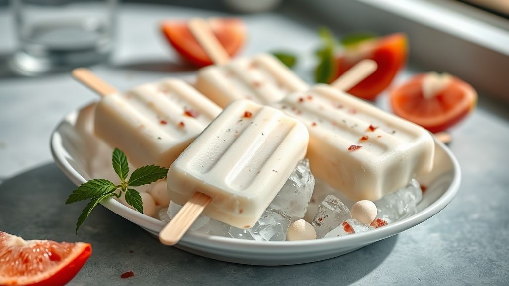 Geladinhos de vodka coloridos e cremosos dispostos em uma bandeja com gelo, prontos para servir.