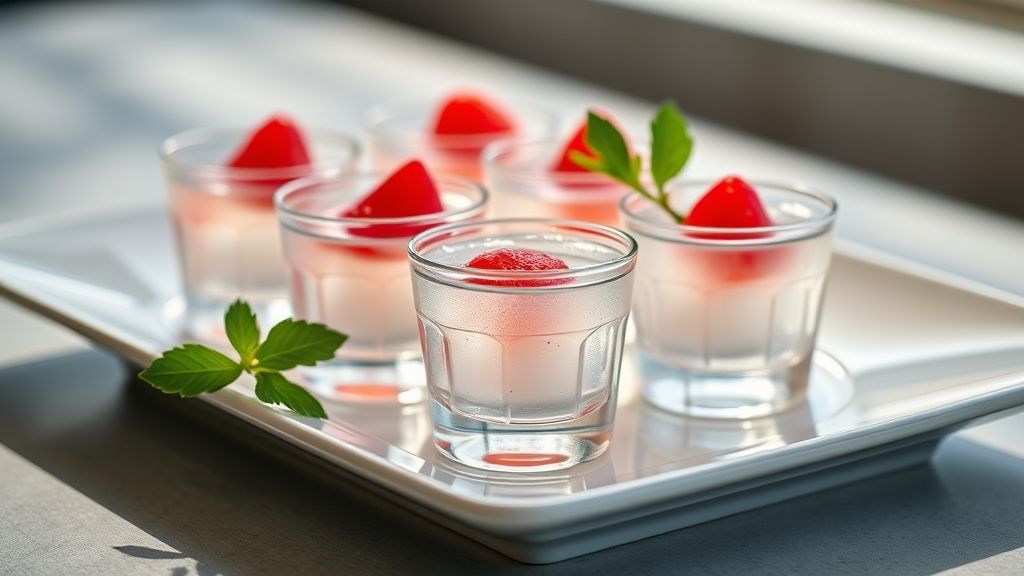 Copinhos de gelatina de vodka nas cores vermelho, verde e amarelo, servidos em bandeja com gelo, visual alegre e atraente