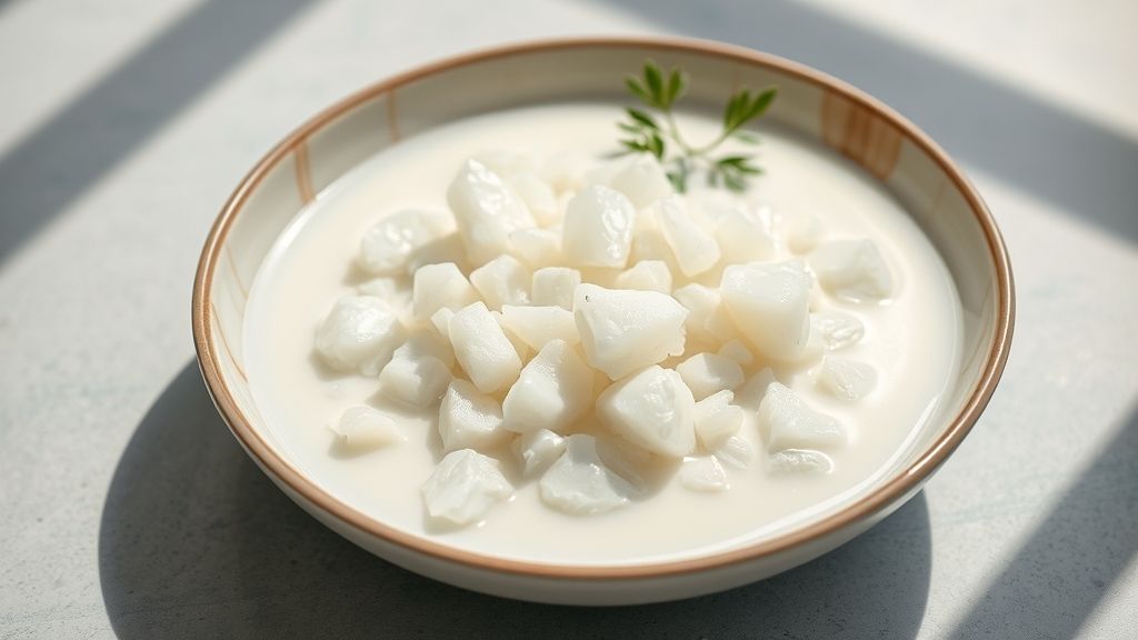 Grãos de kefir reativados em leite fresco dentro de um pote de vidro, prontos para nova fermentação