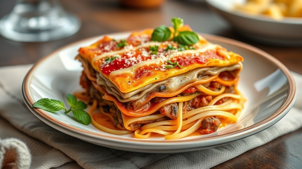 Lasanha de carne gratinada e dourada, servida em refratário, com camadas suculentas e queijo derretido