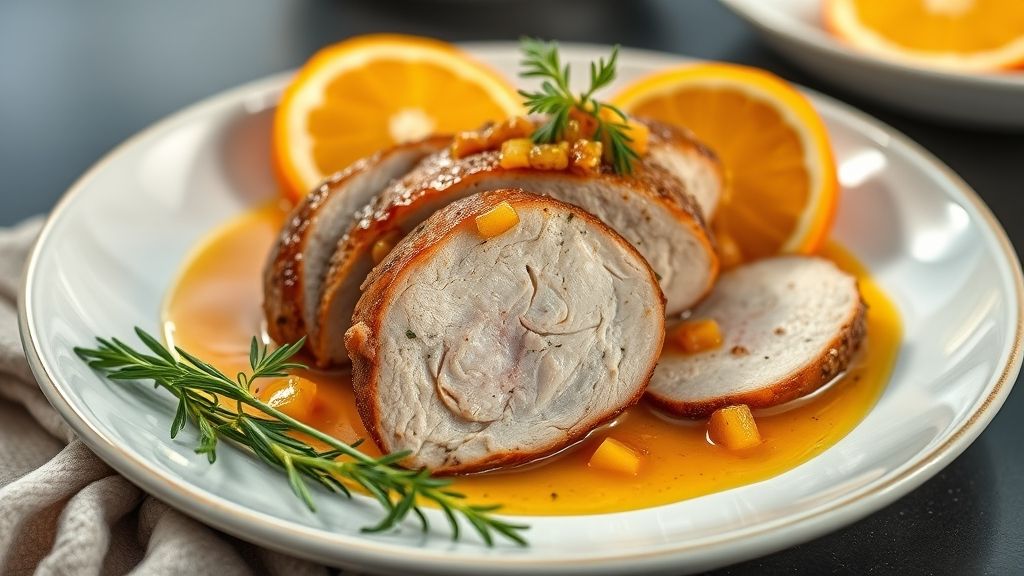 Lombo assado dourado com molho de laranja brilhante servido em prato elegante, decorado com ervas frescas e rodelas de laranja.