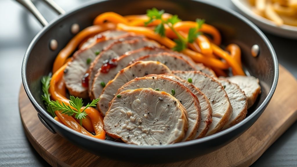 Lombo de porco dourado e suculento servido em prato rústico com leve brilho e acompanhamentos