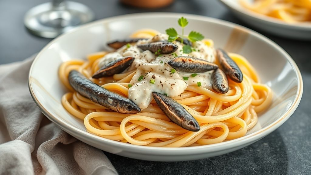 Prato de macarrão com sardinha e creme de leite cremoso, servido em travessa branca, com cheiro-verde e raspas de limão