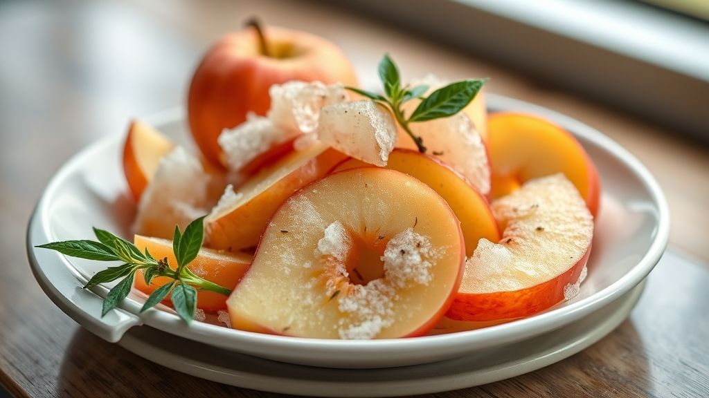 Fatias de maçã congeladas em potes de vidro, cor vibrante e textura preservada, prontas para uso em receitas