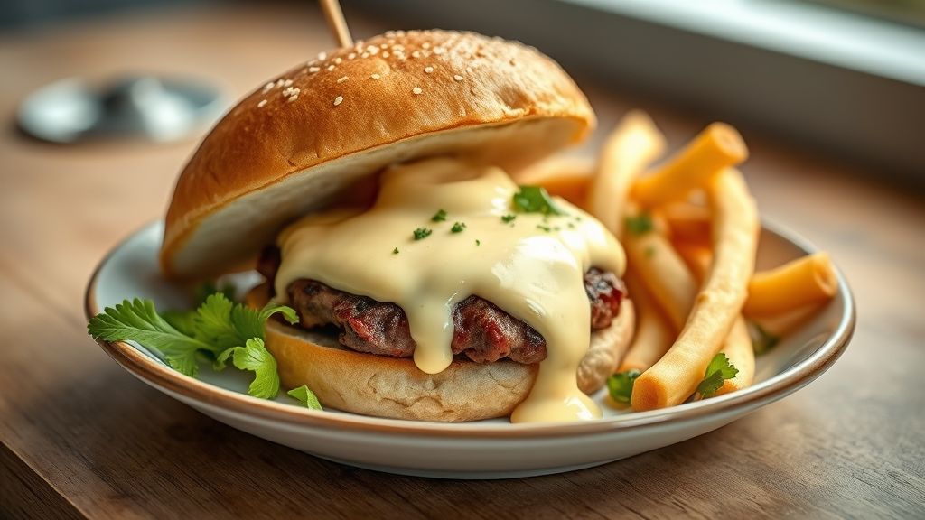 Maionese de hamburgueria cremosa em pote de vidro ao lado de batatas e hambúrguer artesanal