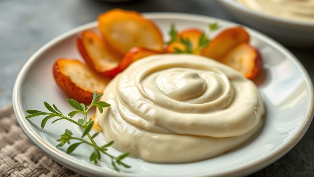 Maionese gourmet cremosa em pote de vidro com colher, textura aveludada e tom dourado claro