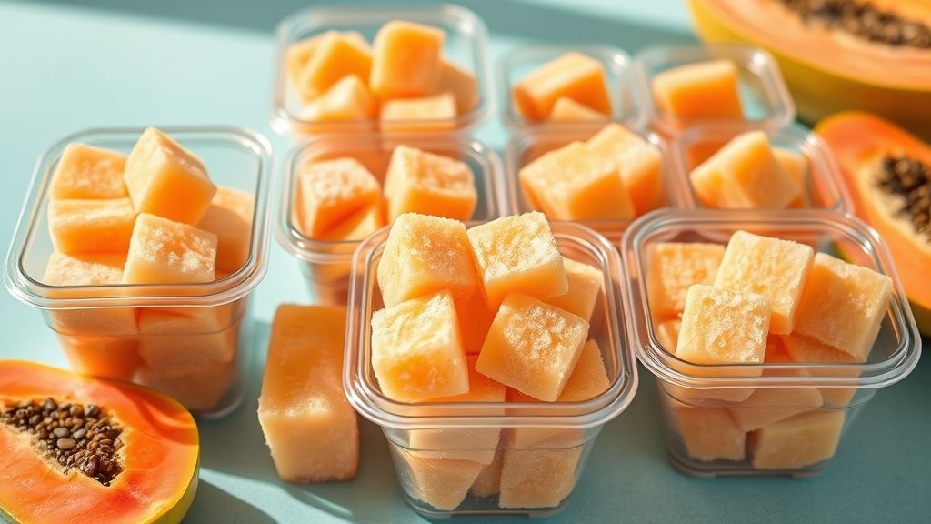 Cubos de mamão congelado armazenados em potes transparentes sobre bancada de cozinha, com aparência fresca e colorida