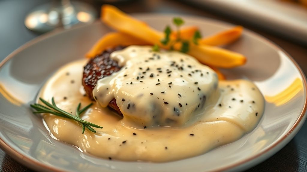 Prato de carne grelhada coberto com molho 4 queijos cremoso e dourado, servido elegantemente com ervas frescas