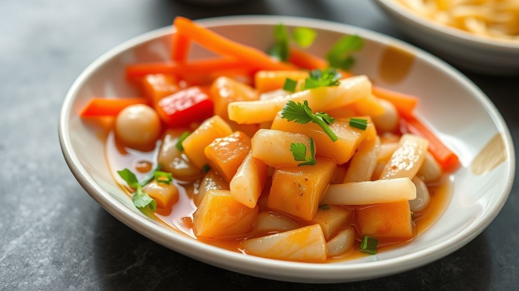 Tigela com molho agridoce simples e brilhante, textura encorpada e cor vibrante, servida em uma mesa de madeira