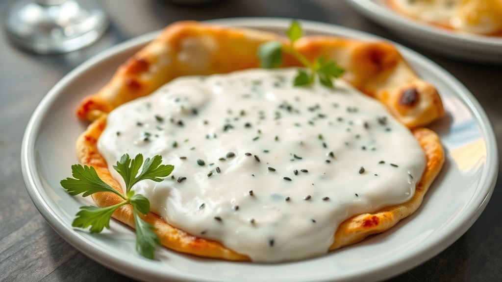 Molho branco cremoso servido sobre massa de pizza dourada, com textura aveludada e brilho apetitoso