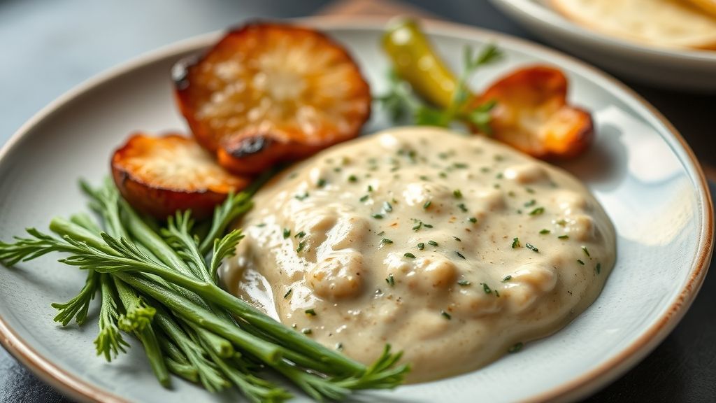 Molheira elegante com molho de alho-poró cremoso, dourado e decorado com salsinha fresca