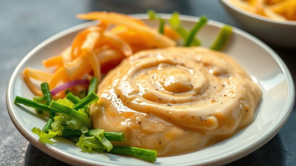Tigela de vidro com molho de cebola agridoce cremoso e dourado, servido em bancada rústica com pão e salada ao fundo