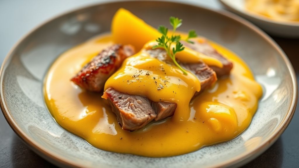 Molho de manga cremoso e dourado servido em tigela rústica, com pedaços de manga e carne suína ao fundo.