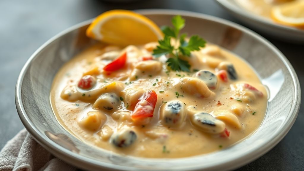 Moqueca de panga cremosa servida em panela de barro, com pimentões coloridos e coentro fresco, aspecto tropical e irresistível.