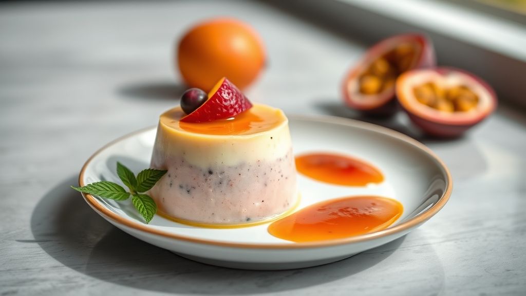 Taça de mousse de maracujá cremosa, decorada com calda e sementes da fruta, apresentada de forma elegante