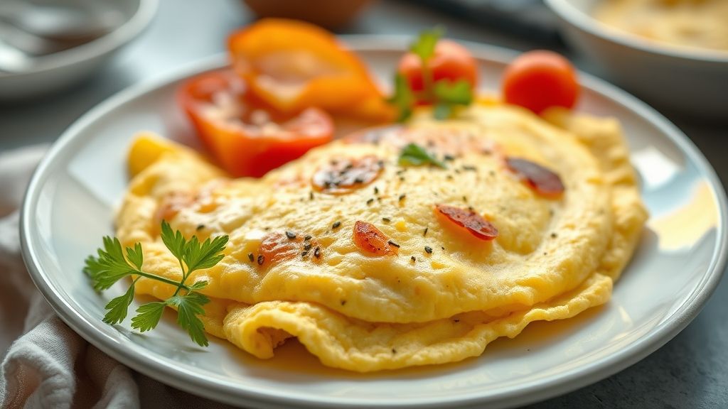 Omelete caseira dourada, fofa e dobrada ao meio com recheio de legumes e queijo derretido, servida em prato branco com ervas frescas.