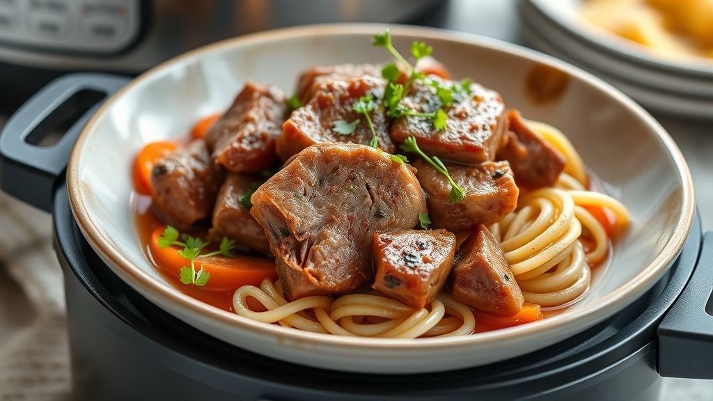 Prato de ossobuco de porco suculento com molho espesso e ervas, servido em travessa rústica e dourada