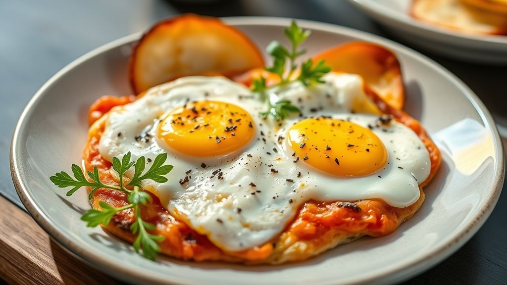 Prato de ovos à pizzaiolo servido na frigideira, com molho de tomate e queijo gratinado, decorado com manjericão fresco