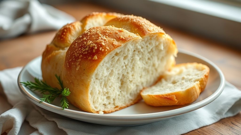 Pães caseiros fofinhos com casca dourada e textura leve sobre tábua de madeira, prontos para servir