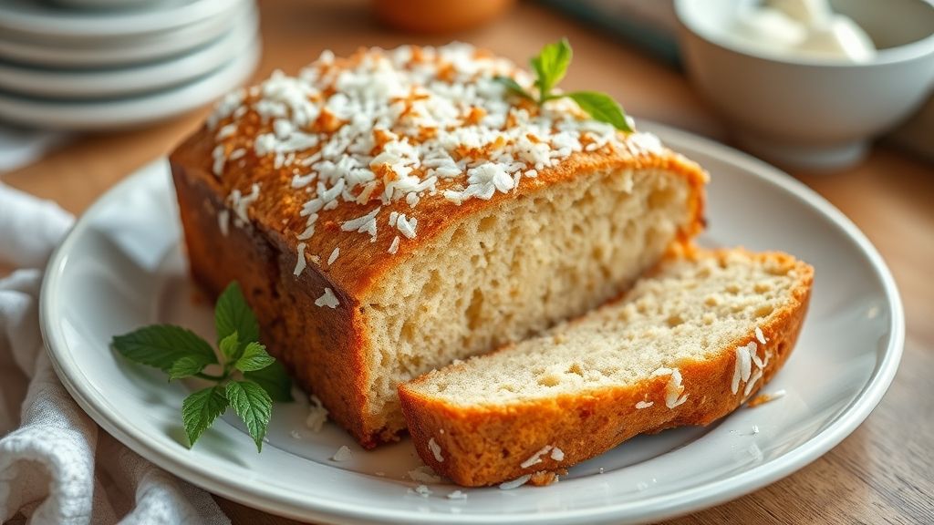 Pão doce caseiro dourado, macio e coberto com coco ralado, servido em uma travessa bonita e iluminado naturalmente