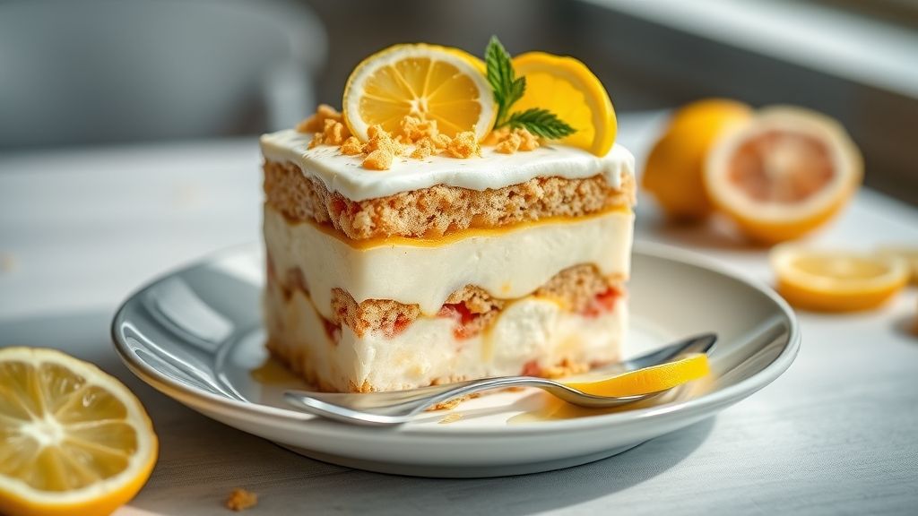 Pavê de limão em camadas, cremoso, decorado com raspas de limão e servido em taça ou travessa, aparência refrescante e deliciosa